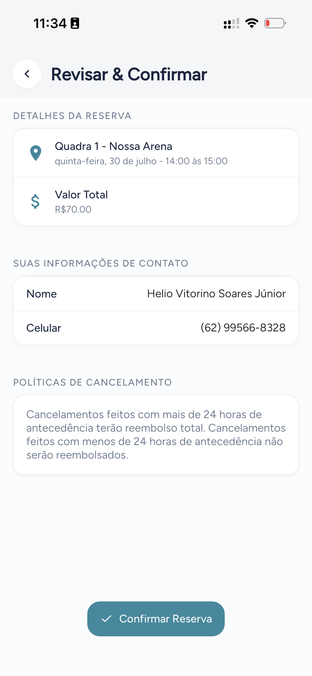 Revisa e confirma a reserva